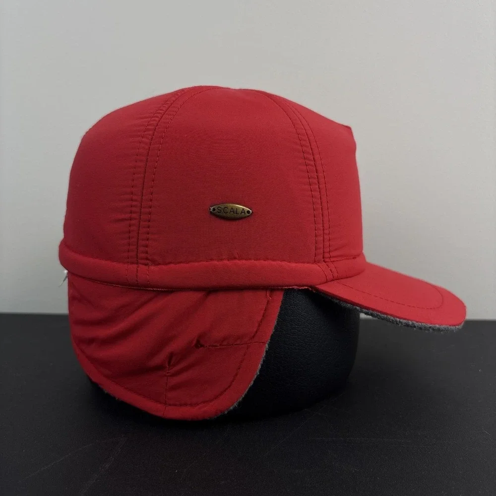 Vintage Scala Winter Trapper Hat Red Bomber Fur Lined Cap Snapback Adjustable